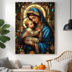 Virgin Mary and Baby Jesus Canvas Print, Stained Glass Style Catholic ...