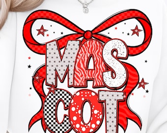 Letras PNG con estampado de lazo rojo de mascota, texto impreso mixto con espíritu escolar, descarga digital para camisetas y manualidades