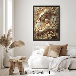 Holy Family Digital Download - Wooden Carved Style Artwork, Jesus, Mary, and Joseph Wall Art, Religious Home Decor