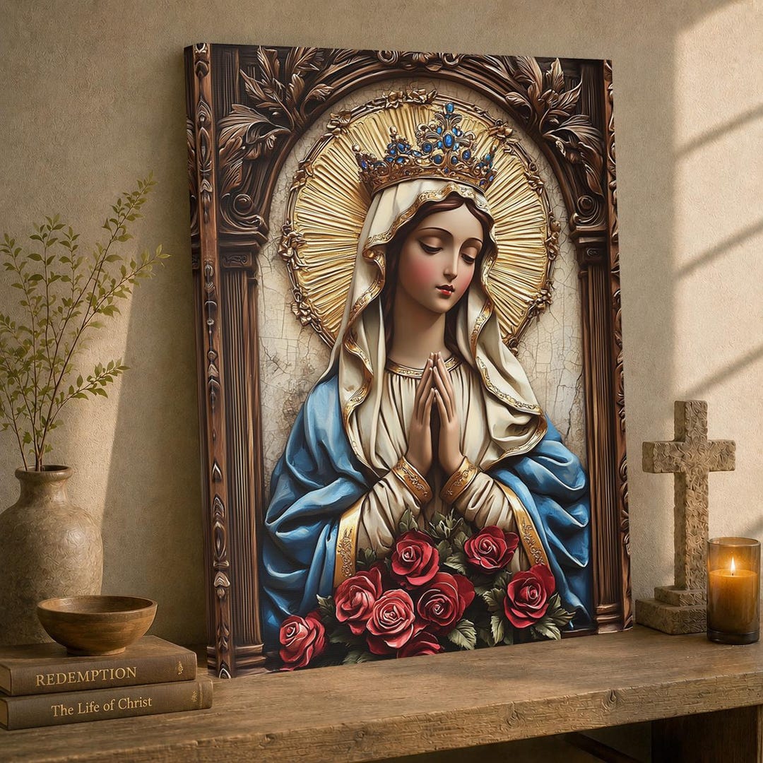 Virgin Mary Canvas | Catholic Art, Roses, Crowned Madonna - Etsy