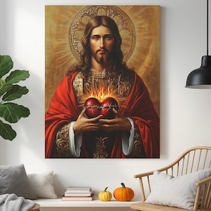 Sacred Heart of Jesus Canvas Art – Catholic Religious Wall Decor – Divine Mercy and Love Christian Faith Print