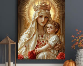 Virgin Mary and Baby Jesus Canvas, Catholic Icon Wall Art