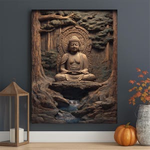 May include: A wooden relief carving of a seated Buddha in a forest setting. The Buddha is in a meditative pose, surrounded by trees and a small waterfall. The artwork is in shades of brown and tan.