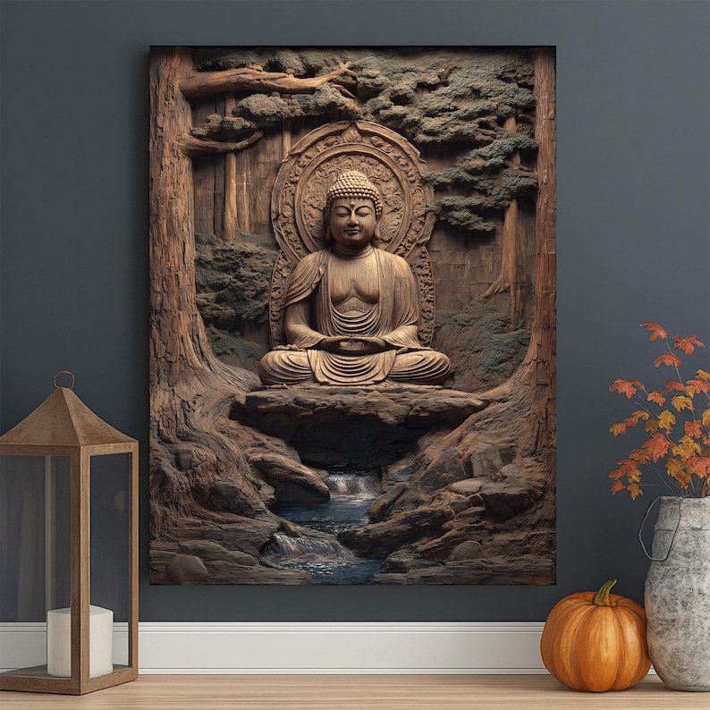 May include: A wooden relief carving of a seated Buddha in a forest setting. The Buddha is in a meditative pose, surrounded by trees and a small waterfall. The artwork is in shades of brown and tan.