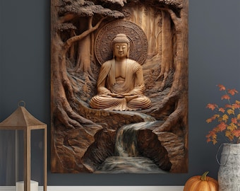Zen Meditation Canvas Print, Spiritual Wall Decor, Wood Carving Style Art