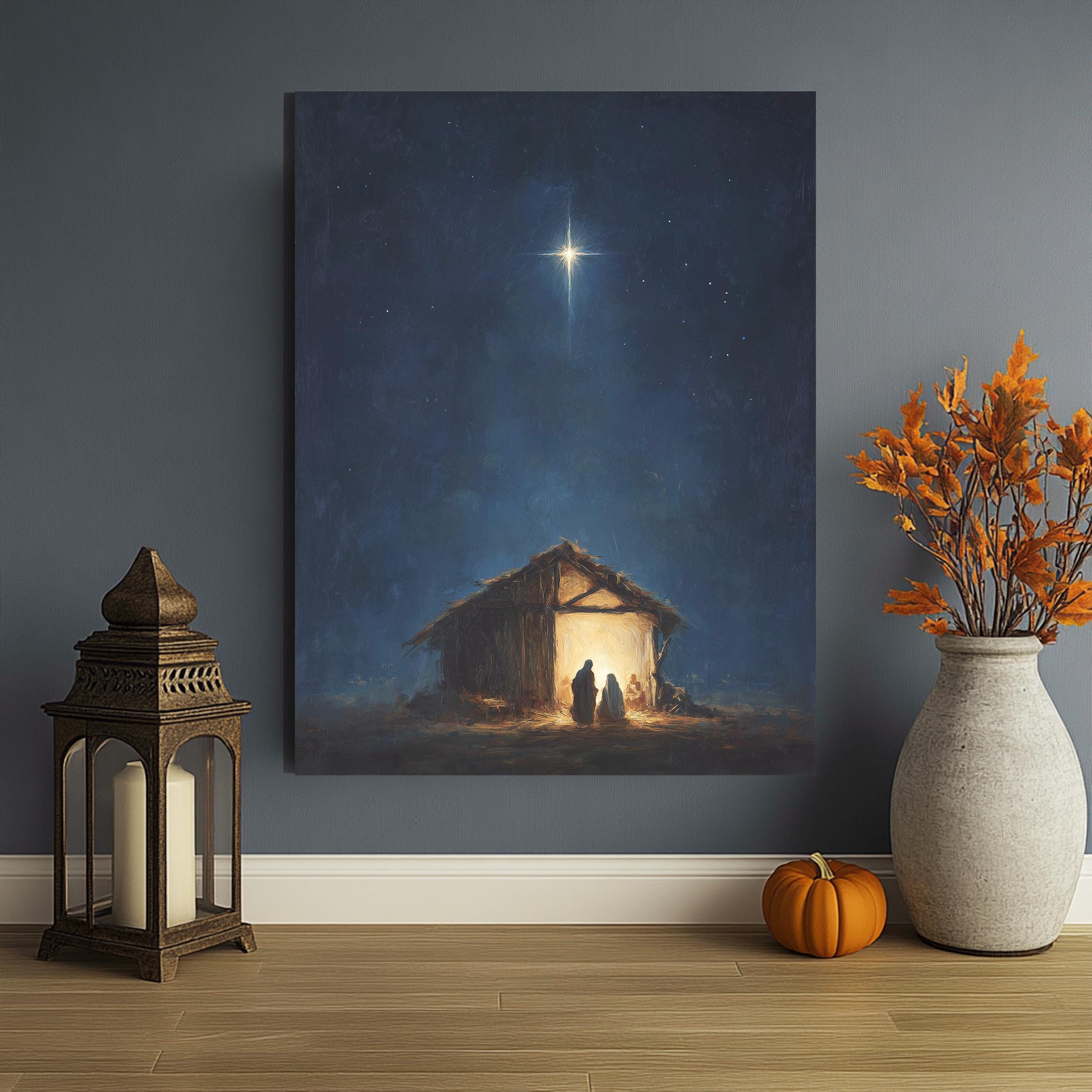 Holy Family Under Star Canvas – Nativity Scene Wall Art, Peaceful Night ...