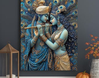 Radha Krishna Canvas Print: Hindu God Art with Peacock