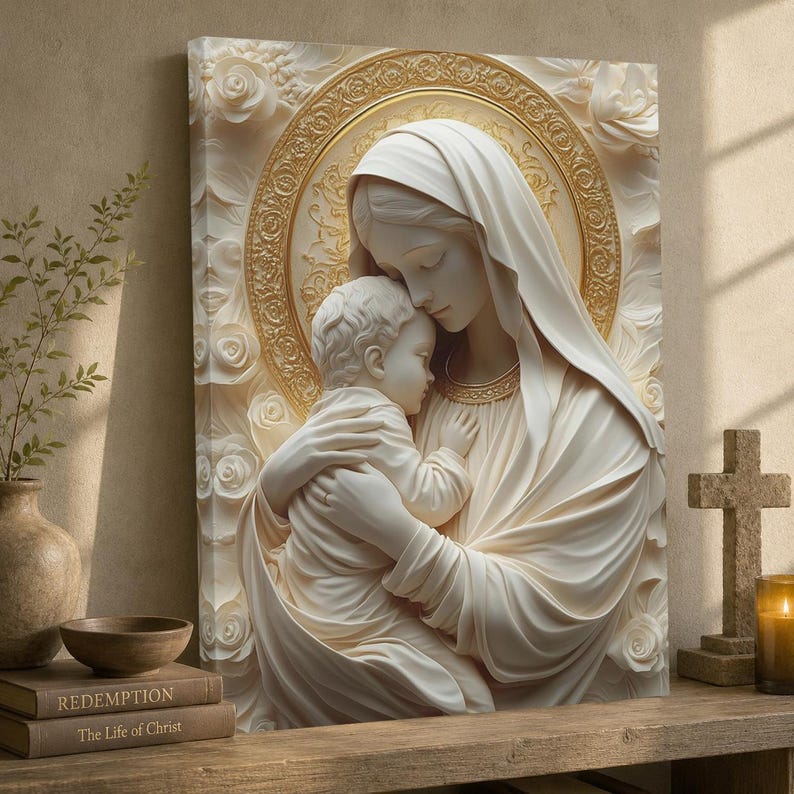 Virgin Mary and Baby Jesus Sculpture Wall Art – Catholic Religious ...