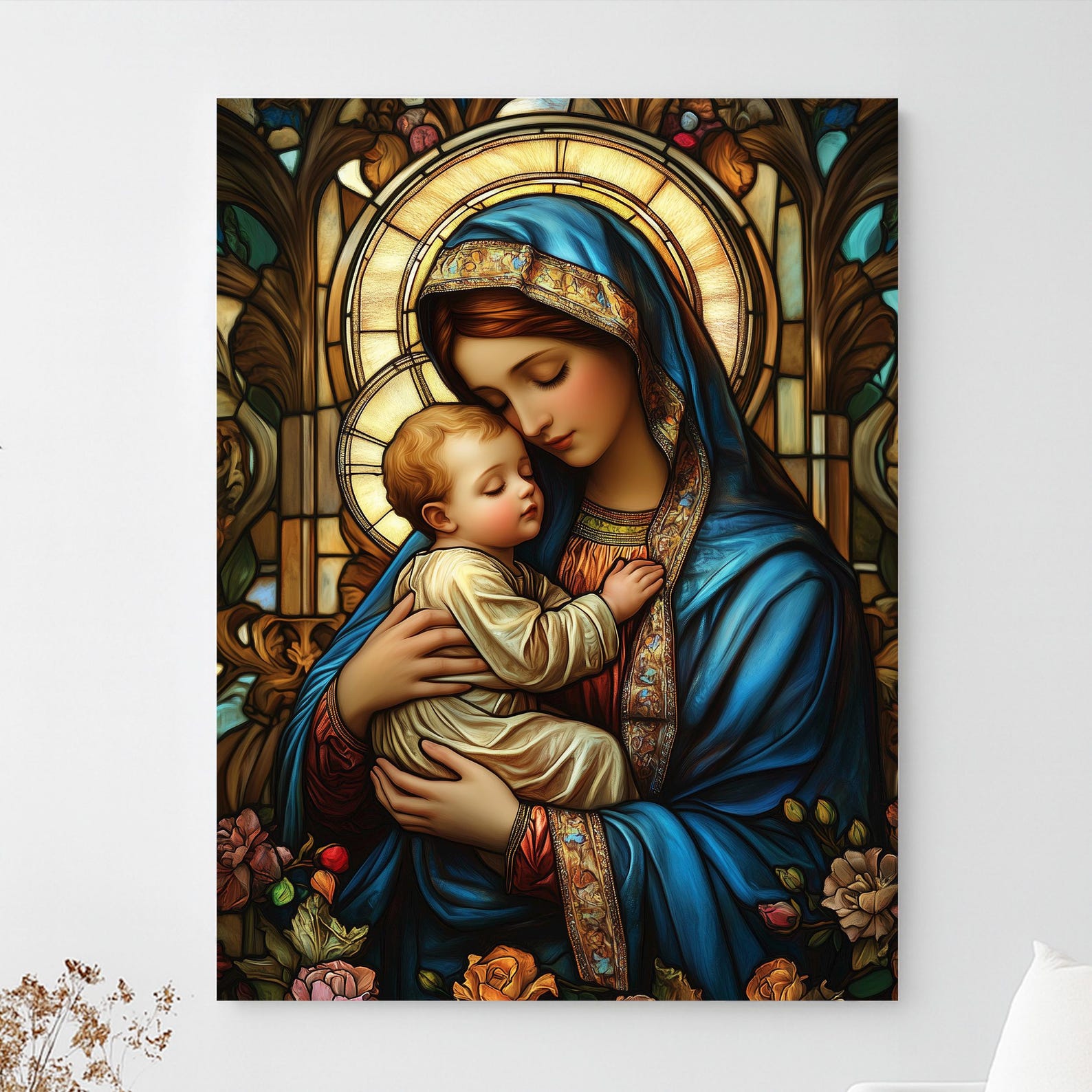 Virgin Mary and Baby Jesus Canvas Print, Stained Glass Style Catholic ...