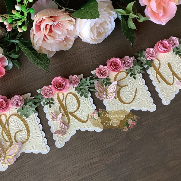 Butterfly banner, floral banner, butterfly name banner, baby shower banner, it’s a girl banner,