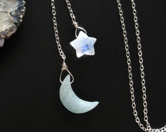 Gemstone Moon and Star Y Necklace, Celestial Necklace, Rainbow Moonstone Star Pendant, Aquamarine Moon Pendant