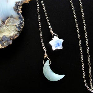 Gemstone Moon and Star Y Necklace, Celestial Necklace, Rainbow Moonstone Star, Aquamarine Moon Pendant, Blue Flash, Women's Anniversary Gift
