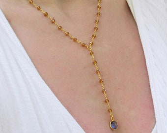 GOLD CRYSTAL & TANZANITE Necklace, Orange Gemstone Jewelry, Crystal Y Necklace, Dainty Gemstone Chain, Gold Necklace, Drop Y, Gift For Women