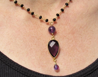 Big Amethyst Teardrop Pendant Necklace, Onyx Rosary Chain, Boho Amethyst Jewelry, Gold Purple Black Gemstone, February Birthstone, Gift