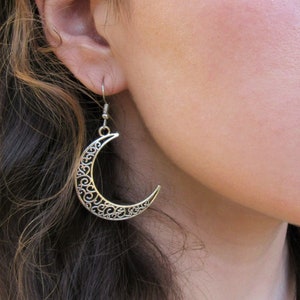 Silver Bohemian Moon Earrings, Crescent Moon, Celestial Earrings, Moon Dangle, Witch Moon Jewelry, Gift For Her, Gift Under 15