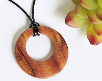 Bayong Wood Pendant Necklace, Modern Wooden Pendant, Wood Donut, Wood and Leather, Gift For Women
