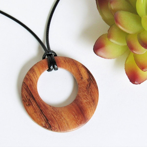 Bayong Wood Pendant Necklace, Modern Wooden Pendant, Wood Donut, Wood and Leather, Gift For Women