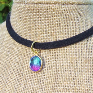 Blue Topaz Amethyst Quartz Choker, Gold Gemstone Pendant, Boho Adjustable Choker, Thin Black, Purple and Blue Crystal