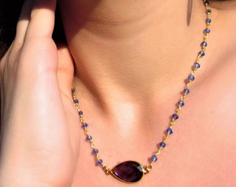 Gold Tanzanite and Amethyst Necklace, Dainty Tanzanite Rosary Chain, Purple Gemstone Jewelry, Boho Beaded Choker, Gift For Women