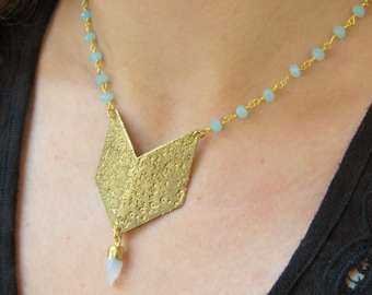 Gold Arrow Necklace, Blue Chalcedony Chain, Statement Necklace, Hammered Gold Pendant, Chalcedony Rosary Necklace