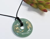 Green Aventurine Donut Necklace, Boho Green Gemstone Choker, 14K Inlay Dragon, Aventurine Circle Pendant, Green Stone Leather Necklace Gift