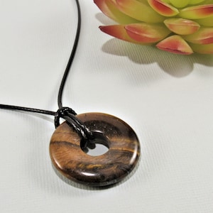 Golden Tiger Eye Donut Pendant Necklace, Boho Tiger Eye Necklace, Beach Necklace, Vegan Wax Cord Gemstone, Organic Jewelry, Success Gift