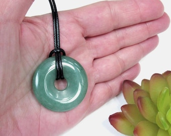 Green Aventurine Donut Pendant, Green Crystal Leather Necklace, Pi Stone Choker