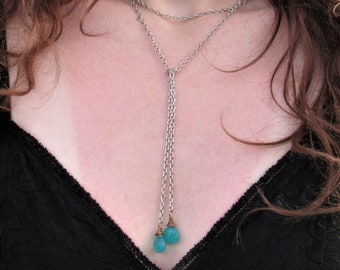 Aqua Chalcedony Lariat, 40 inch Lariat Necklace, Long Necklace, Boho Necklace, Wrap Necklace, Gemstone Necklace, Trendy Necklace