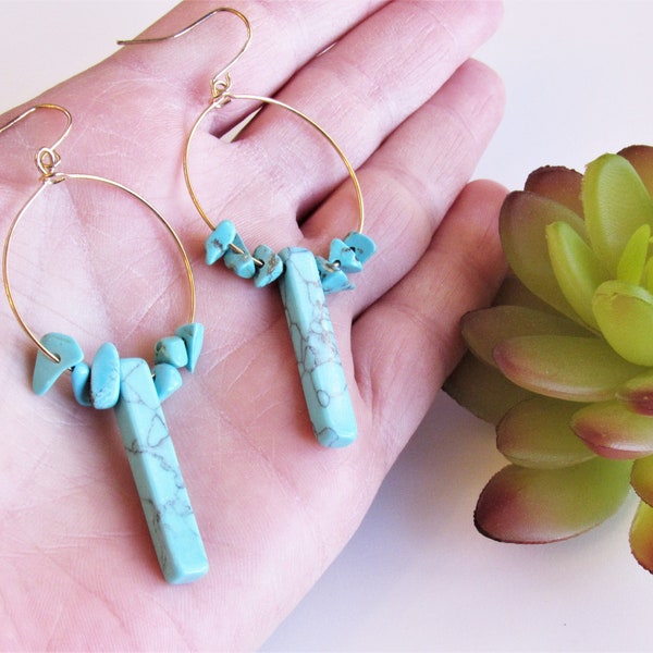 Gold Turquoise Dangle Earrings, Long Turquoise Earrings, Southwest Turquoise, December Birthstone Jewelry, Boho Turquoise, Gift Under 20