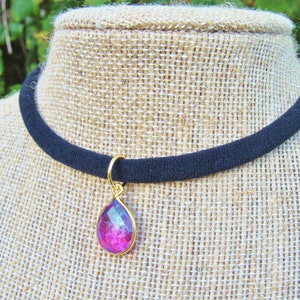 Pink and Purple Quartz Choker, Dainty Quartz Choker, Gemstone Choker, Black Stretch Choker, Boho Choker, Women Gifts