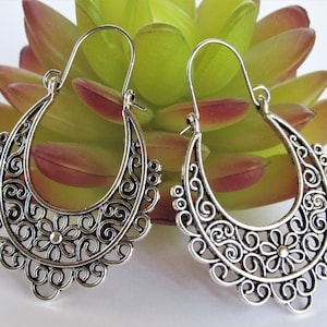 Flower Scroll Hoop Earrings, Silver Flower Hoops, Ethnic Hoops, Tribal Hoops, Tunnel Hoops, Bohemian Hoops, Gifts For Women