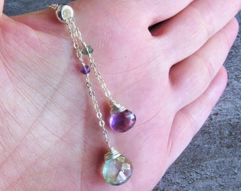 Amethyst and Topaz Y Necklace, Sterling Dainty Gemstone, Teardrop Stone Necklace, Anniversary Gift For Women