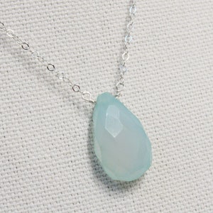 Big Blue Chalcedony Pendant Necklace, Sterling Silver or Gold Blue Chalcedony, Faceted Teardrop Chalcedony Drop, Gift For Women