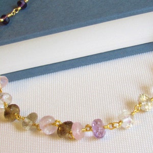 Dainty Amethyst Rose Quartz Topaz Necklace, Mixed Gemstone Rosary Necklace,  Pink and Purple Gemstone Necklace,Delicate Boho Beaded Necklace