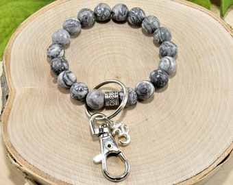 10mm Picture Jasper Keychain Bracelet, Healing Support Stone, Gray Beaded Bracelet, Ohm Yoga, Wrist Keychain, Natural Gemstone, Gift For Her