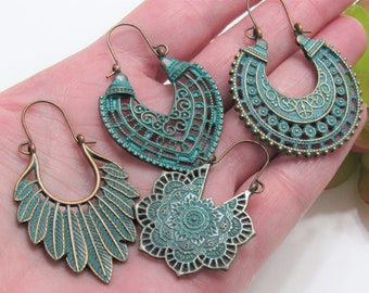 Turquoise Patina Hoop Earrings, Boho Statement Hoops, Trendy Bohemian, Ethnic Hoops, Gifts Under 20