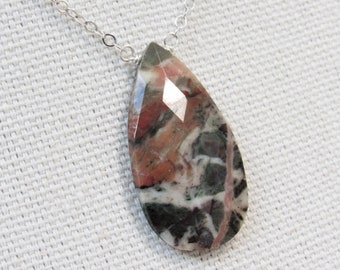 Jasper Teardrop Pendant Necklace, Butterfly Jasper Necklace, Faceted Natural Jasper, Healing Gift For Women