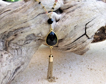 Onyx & Tourmaline Gold Tassel Necklace, Boho Beaded Watermelon Tourmaline, Teardrop Onyx Pendant, Gemstone Tassel Y Necklace,  Rosary Chain