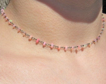 Pink Welo Opal Necklace, Dainty Opal Choker, Natural Opal, Boho Opal Jewelry, Stone Choker, Rosary Chain, October Birthstone, Gift For Women