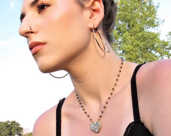 24K Natural Druzy Quartz Necklace, Druzy Beaded Chain, Quartz Bezel Pendant, Boho Beaded Choker, Bohemian Jewelry, Gifts For Her