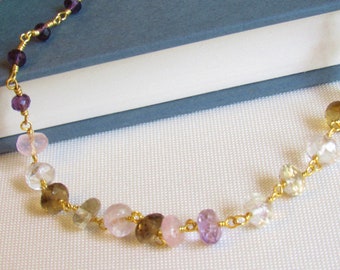 Dainty Amethyst Rose Quartz Topaz Necklace, Mixed Gemstone Rosary Necklace,  Pink and Purple Gemstone Necklace,Delicate Boho Beaded Necklace