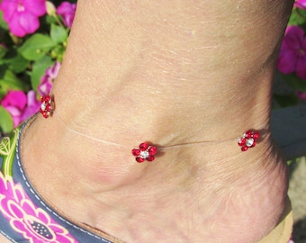 Boho Flower Illusion Anklet, Invisible Anklet, Flower Ankle Bracelet, Waterproof Anklet, Beach Ankle Bracelet, Surf Anklet, Crystal Anklet