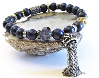 Lapis Lazuli Beaded Bracelet, Blue Stone Bracelet, Tassel Bracelet, Stone Stacking Bracelet, Blue Gemstone, Yoga Jewelry, Gift For Woman