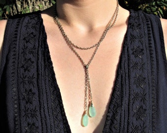 Long Green Chalcedony Lariat, Boho Wrap Necklace, Bohemian Lariat, Healing Chalcedony Jewelry, Y Necklace, Green Gemstone Necklace, Gift