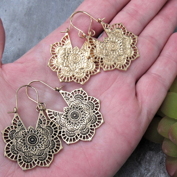 Gold Mandala Statement Hoop Earrings, Bohemian Mandala, Lotus Hoop, Mandala Jewelry, Ethnic Hoop, Best Seller, Gift For Her, Gift Under 15