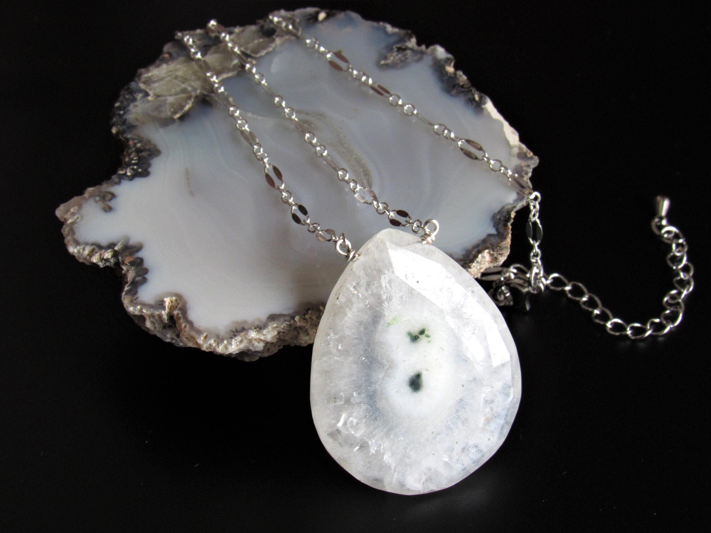 Big White Solar Quartz Necklace, Solar Quartz Pendant, Stalactite Slice Jewelry, Teardrop Quartz, Sterling Silver, 14K Gold, Gift For Women
