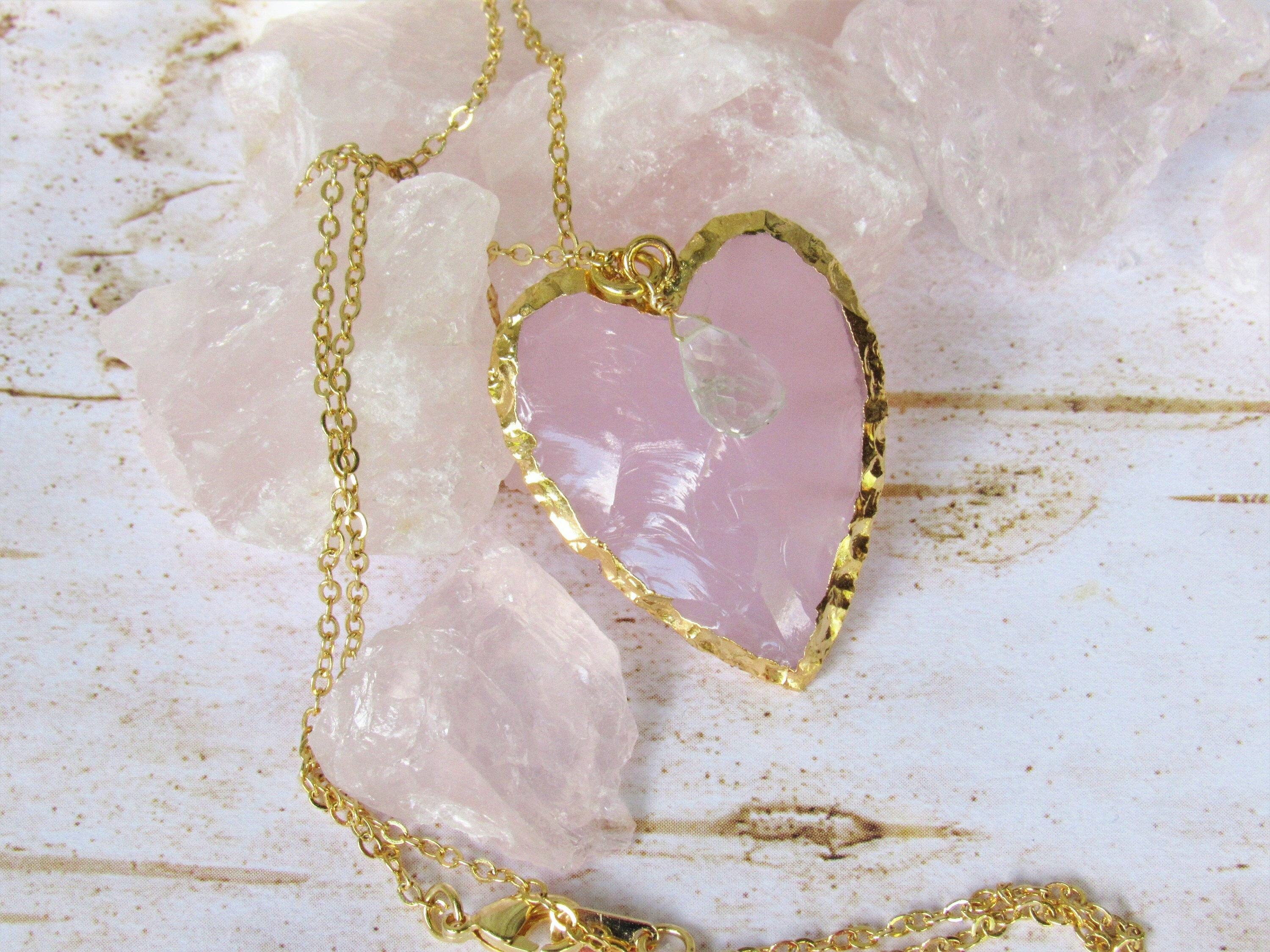 Rose Quartz Heart Necklace, Pink Crystal Heart Pendant