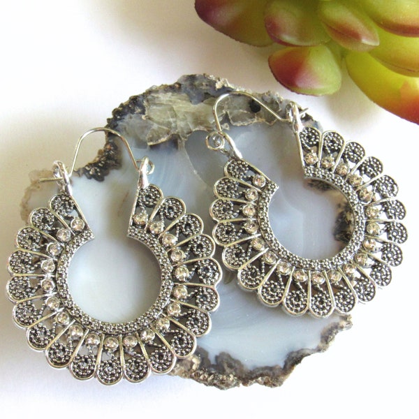 Silver Boho Filigree Hoop Earrings,  Daisy Flower Hoops, Sparkly Hoops, Tunnel Hoops, Gifts for Women