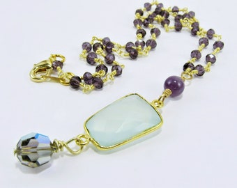 Blue Chalcedony Pendant Necklace, Amethyst and Blue Chalcedony, Boho Gold Chalcedony, Amethyst Beaded Chain, Purple Stone Necklace, Gemstone