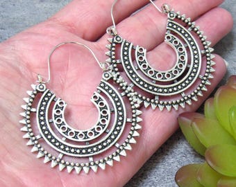 Silver tribal hoops Bohemian Earrings Big brass hoops Statement earrings Antique silver Festival earrings Ethnic dangles Gift women under 15